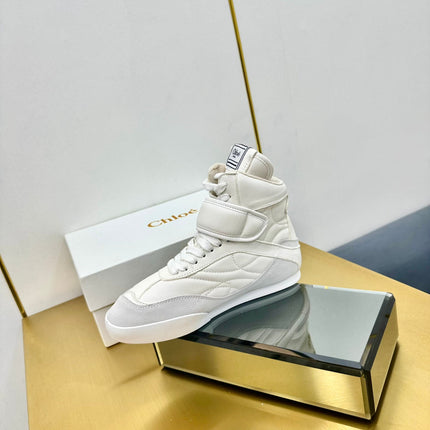 CHLOE 26S HIGH-TOP SKATE SNEAKERS IN WHITE CALFSKIN AND LIGHT GREY SUEDE