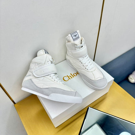 CHLOE 26S HIGH-TOP SKATE SNEAKERS IN WHITE CALFSKIN AND LIGHT GREY SUEDE