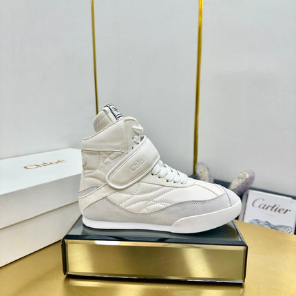 CHLOE 26S HIGH-TOP SKATE SNEAKERS IN WHITE CALFSKIN AND LIGHT GREY SUEDE