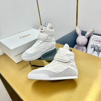 CHLOE 26S HIGH-TOP SKATE SNEAKERS IN WHITE CALFSKIN AND LIGHT GREY SUEDE