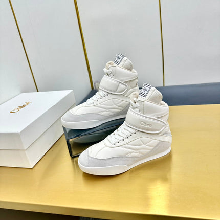 CHLOE 26S HIGH-TOP SKATE SNEAKERS IN WHITE CALFSKIN AND LIGHT GREY SUEDE
