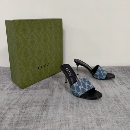 GUCCI 26S MULE SANDALS 85MM IN BLUE GG DENIM