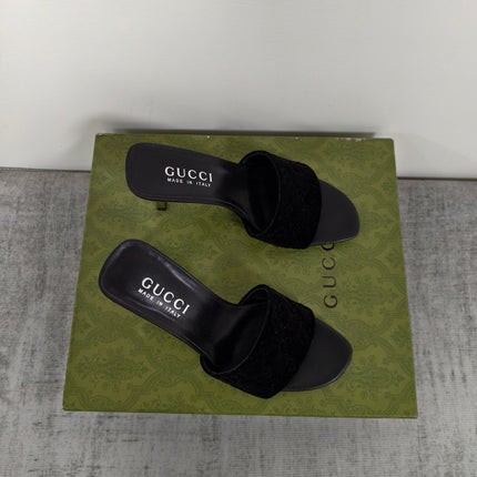 GUCCI 26S MULE SANDALS 85MM IN BLACK VELVET GG EMBOSSED
