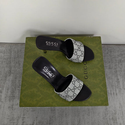 GUCCI 26S MULE SANDALS 85MM IN SILVER SATIN CRYSTAL GG