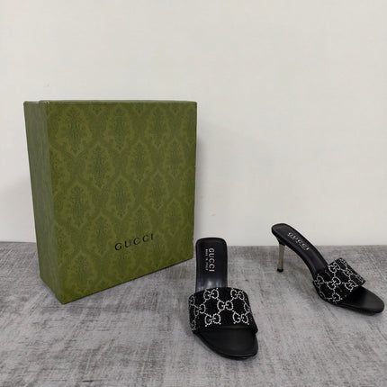GUCCI 26S MULE SANDALS 85MM IN BLACK SATIN CRYSTAL GG
