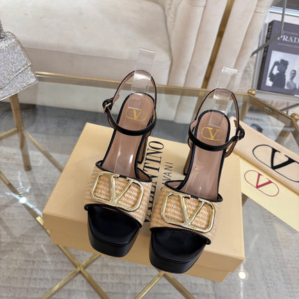 VALENTINO 26S PLATFORM SANDALS 110 MM IN BLACK CALFSKIN AND BEIGE RAFFIA