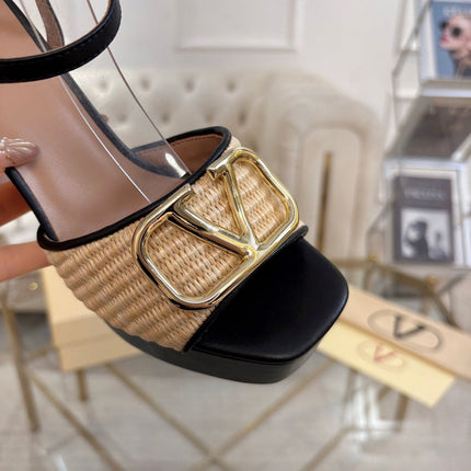 VALENTINO 26S PLATFORM SANDALS 110 MM IN BLACK CALFSKIN AND BEIGE RAFFIA