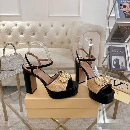 VALENTINO 26S PLATFORM SANDALS 110 MM IN BLACK CALFSKIN AND BEIGE RAFFIA