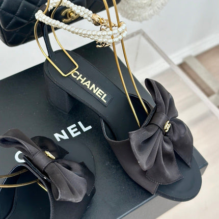 Double C Big Bow Pearl Chain High Sandals Black Lambskin