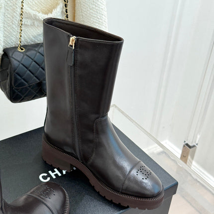 CHANEL 26S MID CALF BOOTS 45MM IN DARK BROWN SMOOTH CALFSKIN WITH PERFORATED CC LOGO CAP TOE