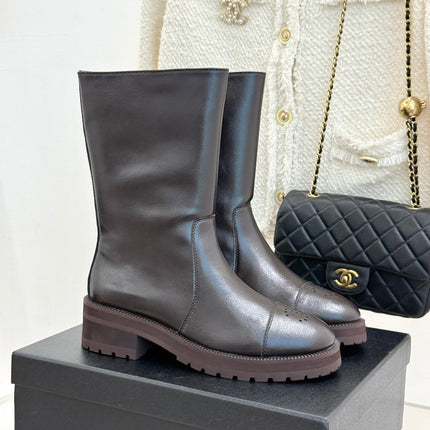 CHANEL 26S MID CALF BOOTS 45MM IN DARK BROWN SMOOTH CALFSKIN WITH PERFORATED CC LOGO CAP TOE