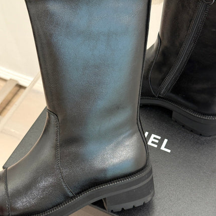 CHANEL 26S MID CALF BOOTS 45MM IN BLACK SMOOTH CALFSKIN WITH PERFORATED CC LOGO CAP TOE