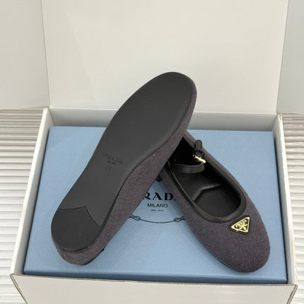 PRADA 26S MARY JANE  FLATS IN CHARCOAL GREY FELTED FABRIC