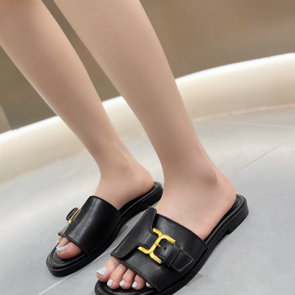 MARCIE SLIDE IN BLACK CALFSKIN WITH GOLD HARDWARE
