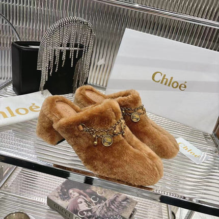 CHLOÉ 26S HIGH-HEELED MULES IN BROWN WOOL
