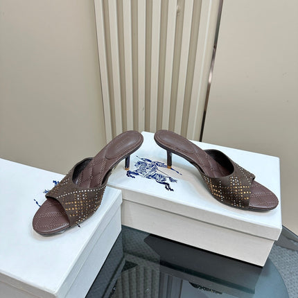 BURBERRY 26S HIGH-HEELED SANDALS 70 MM IN DARK BROWN CALFSKIN AND SUEDE