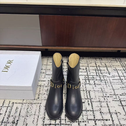 DIOR 26S MID CALF BIKER BOOTS IN BLACK CALFSKIN WITH BUCKLE GOLD HARDWARE