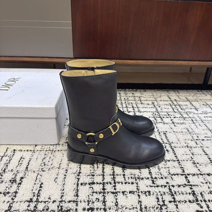 DIOR 26S MID CALF BIKER BOOTS IN BLACK CALFSKIN WITH BUCKLE GOLD HARDWARE