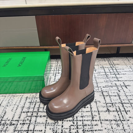 BOTTEGA VENETA 26S MID CALF BOOTS IN BROWN SHINY CALFSKIN