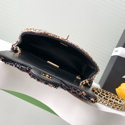 CHANEL 26S CLASSIC FLAP BAG 21 IN BLACK MIX BRONZE GOLD SEQUINS