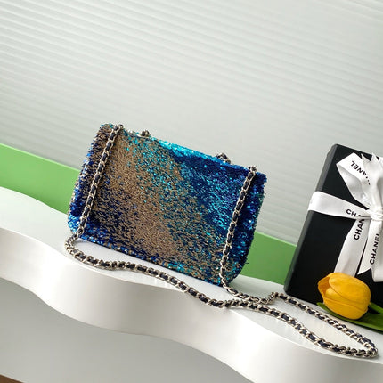 CHANEL 26S CLASSIC FLAP BAG 21 IN NAVY BLUE SEQUINS
