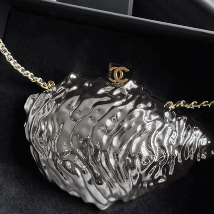 CHANEL 26S OYSTER MINAUDIERE BAG IN METALLIC SILVER PLATED METAL