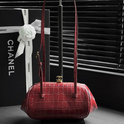 CHANEL 26S SHOULDER BAG 28 IN DARK RED CROC-EMBOSSED CALFSKIN