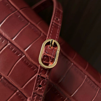 CHANEL 26S SHOULDER BAG 28 IN DARK RED CROC-EMBOSSED CALFSKIN