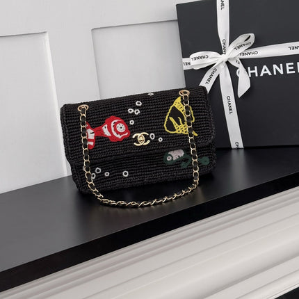 CHANEL 26S CLASSIC FLAP BAG 25 IN BLACK CROCHET RAFFIA