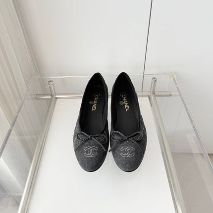 CHANEL 26S BALLET FLATS IN GREY DENIM WITH BOW