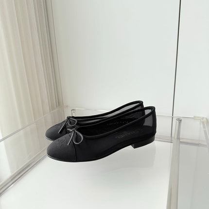 CHANEL 26S BALLET FLATS IN BLACK MESH TOE CAP AND BOW