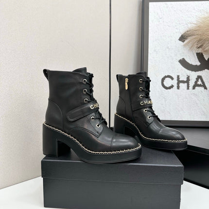 CHANEL 25S LACE-UP HEELED ANKLE BOOTS IN BLACK CALFSKIN