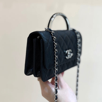 FLAP BAG WITH SILVER-TONE HANDLE 18 IN BLACK LAMBSKIN