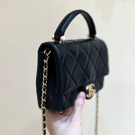 PEARL LIMITED EDITION FLAP BAG WITH HANDLE 20 IN BLACK LAMBSKIN