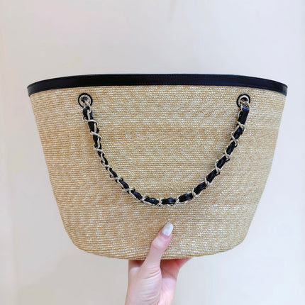 CHANEL 26S TOTE BAG 18 IN BEIGE FABRIC AND BLACK CALFSKIN