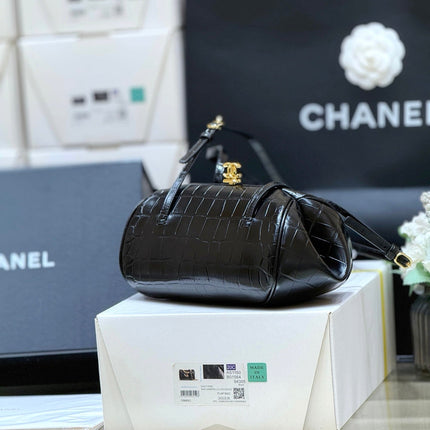 CHANEL 26S MINI BOWLING BAG 29 IN BLACK CROCODILE EMBOSSED CALFSKIN