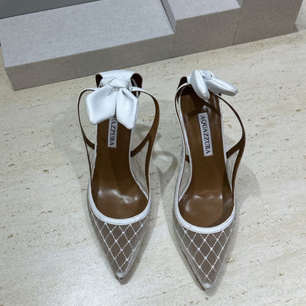 AQUAZZURA 26S SLINGBACK HEELS 105 MM IN WHITE MESH AND LAMBSKIN