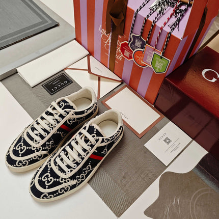GUCCI 26S GG WEB SNEAKERS IN NAVY BLUE AND WHITE GG CANVAS