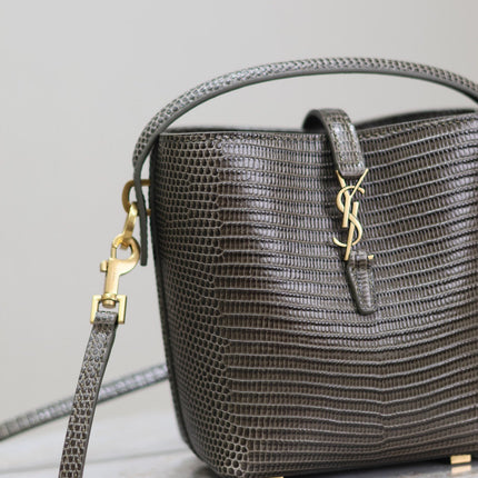 YSL 25S LE 37 MINI 15 IN BROWN LIZARD PATTERN CALFSKIN GOLD HARDWARE