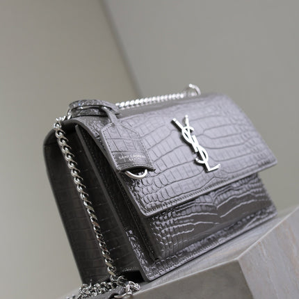 YSL 25S SUNSET MEDIUM 22 IN DARK GRAY CROCODILE-EMBOSSED SHINY CALFSKIN SILVER HARDWARE