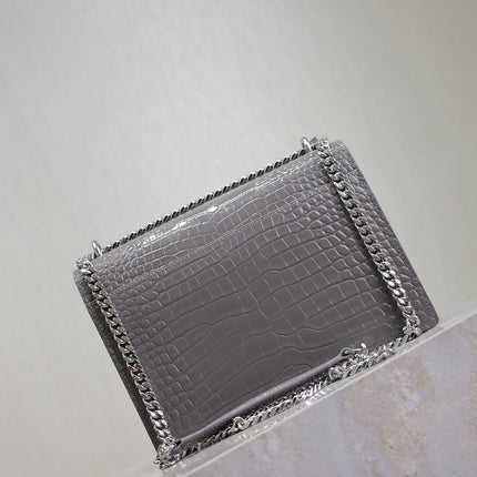YSL 25S SUNSET MEDIUM 22 IN DARK GRAY CROCODILE-EMBOSSED SHINY CALFSKIN SILVER HARDWARE