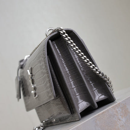 YSL 25S SUNSET MEDIUM 22 IN DARK GRAY CROCODILE-EMBOSSED SHINY CALFSKIN SILVER HARDWARE
