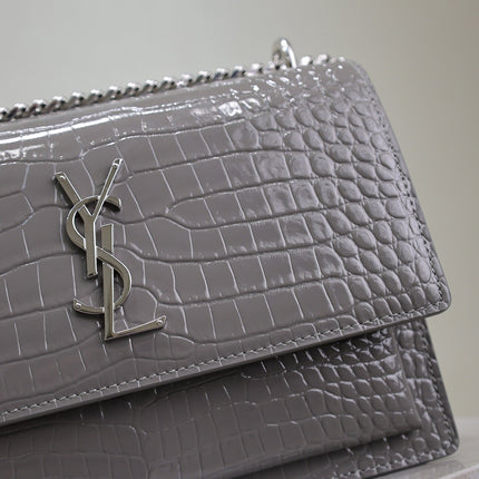 YSL 25S SUNSET MEDIUM 22 IN DARK GRAY CROCODILE-EMBOSSED SHINY CALFSKIN SILVER HARDWARE
