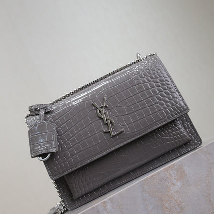 YSL 25S SUNSET MEDIUM 22 IN DARK GRAY CROCODILE-EMBOSSED SHINY CALFSKIN SILVER HARDWARE