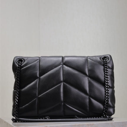 YSL 25S LOULOU PUFFER MM 29 IN BLACK CALFSKIN BLACK HARDWARE