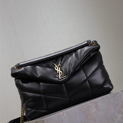 YSL 25S LOULOU PUFFER GM 35 IN BLACK CALFSKIN GOLD HARDWARE