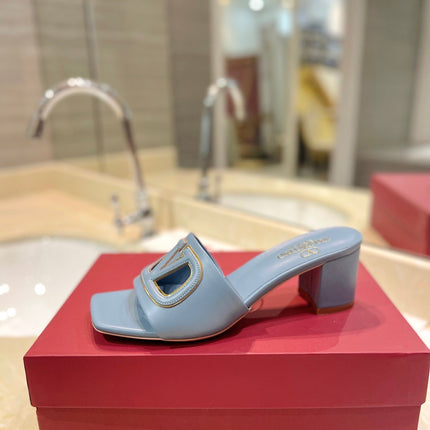 VALENTINO 26S BLOCK-HEEL SANDALS 65 MM IN PASTEL BLUE CALFSKIN WITH LOGO