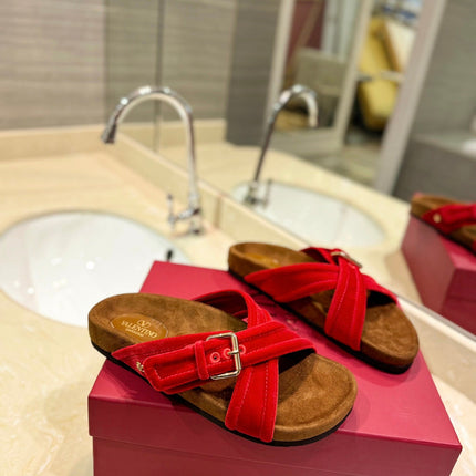 VALENTINO 26S CROSS STRAP SANDALS IN RED VELVET MIX BROWN SUEDE