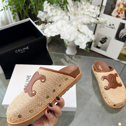 CELINE 26S TRIOMPHE MULES IN BEIGE RAFFIA AND BROWN CALFSKIN