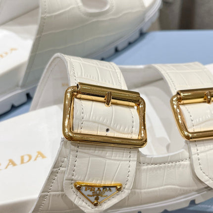 PRA CROCODILE MOTIF STRAP SLIDES SANDALS WHITE CALFSKIN